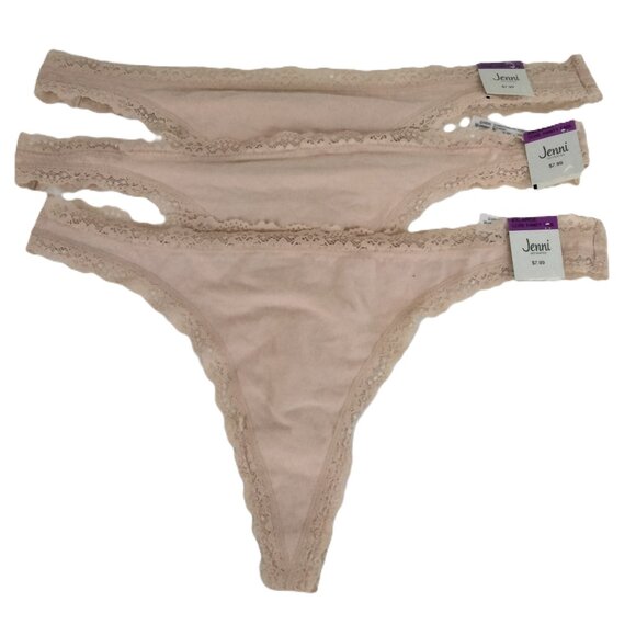 Jenni Women's Lace-Trim Thong Underwear 2XL XXL Chai Beige 3 Pairs - Picture 1 of 4